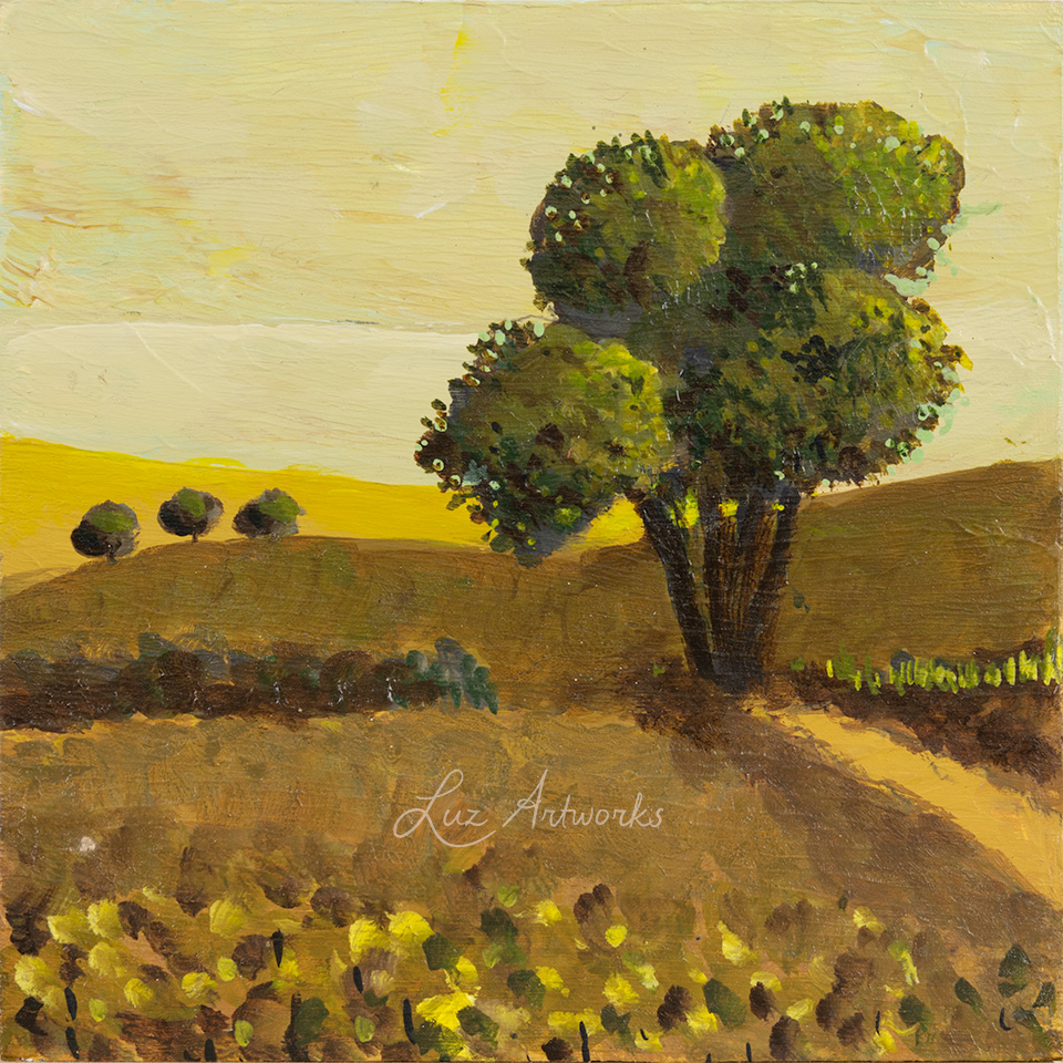 Deze afbeelding toont het schilderij Solitary Tree uit de serie Trees in the Light door Marloes Bloedjes.