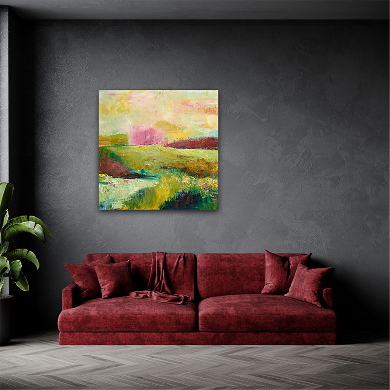 Schilderij - Landschap met Groen en Roze